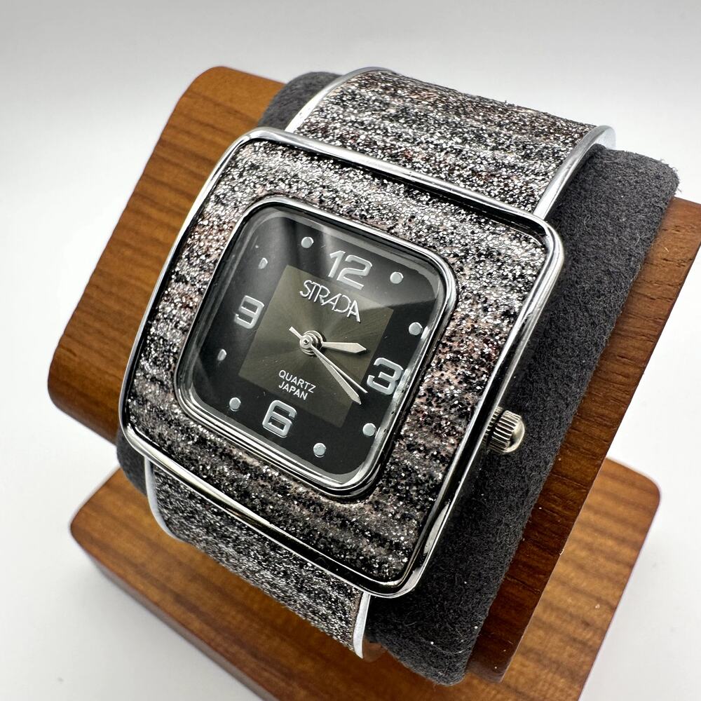 Strada Women's Silver Glitter Cuff Quartz Watch, Square Black Dial